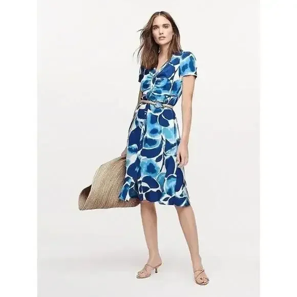DIANE VON FURSTENBERG Milo Cecilia Crepe Midi Shirt Dress Blue White V Neck M
